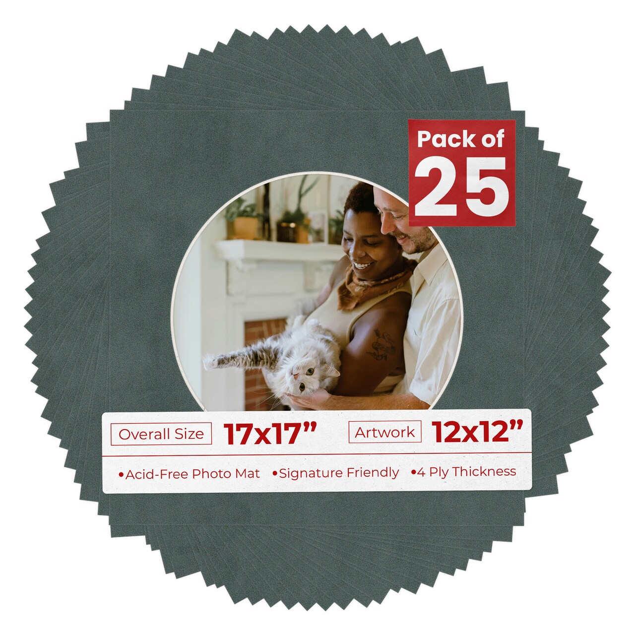 Dark Grey Suede Mat Board for 17x17 Frames - Circle Opening for 12x12 Photos